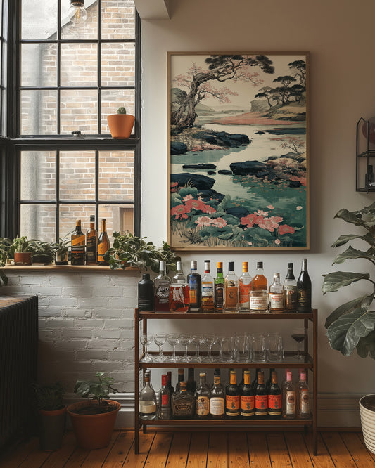 Cherry Blossoms Dance Above Turquoise Waters