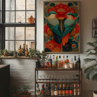 Birds Dance Among Crimson Blooms