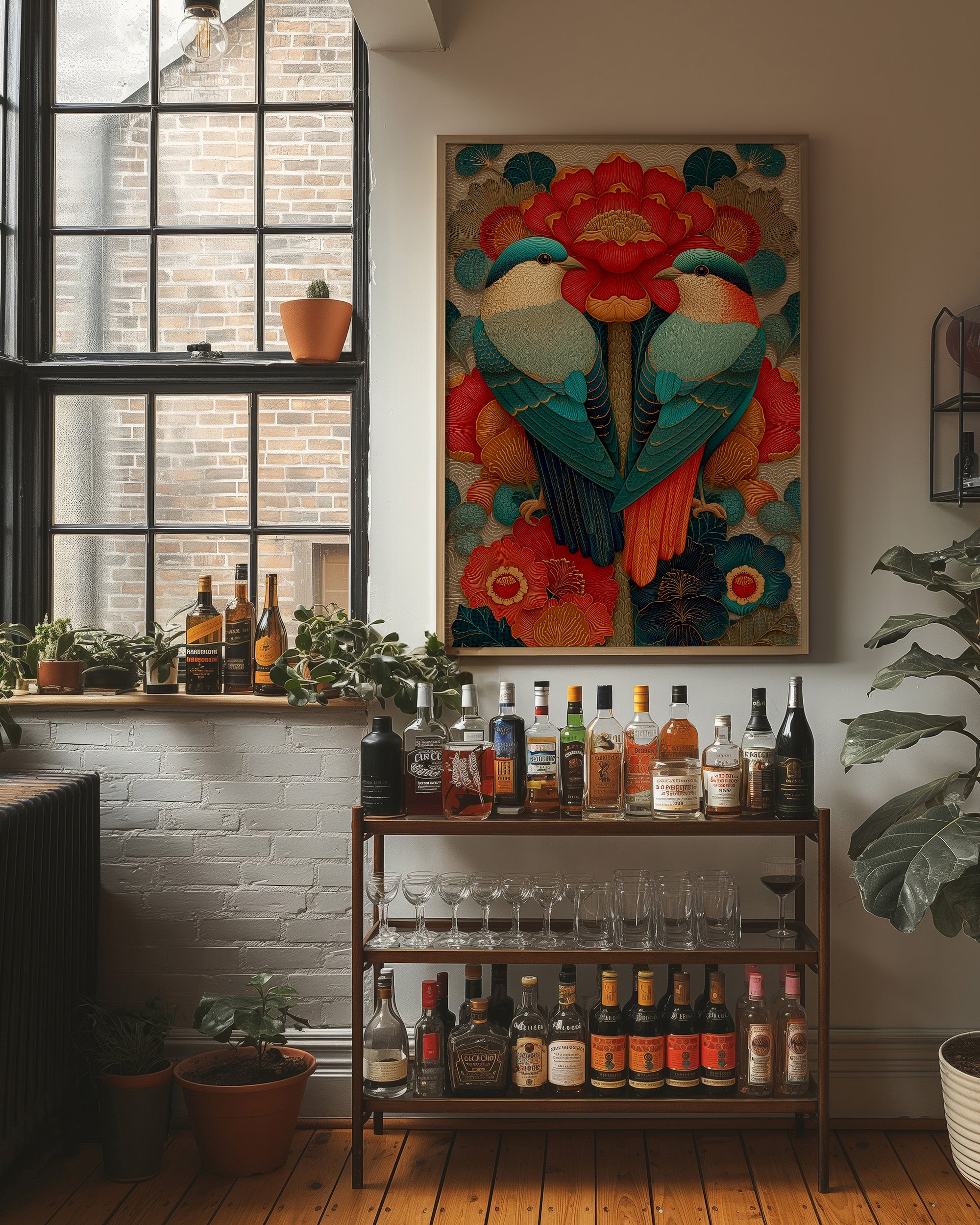 Birds Dance Among Crimson Blooms