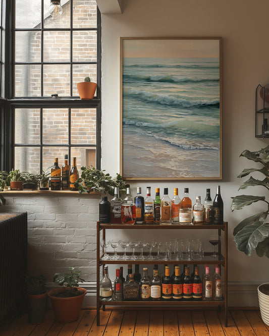 Seafoam Rhythms Against Wooden Frame