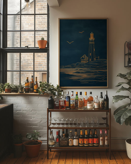 Golden Lighthouse On Midnight Seas