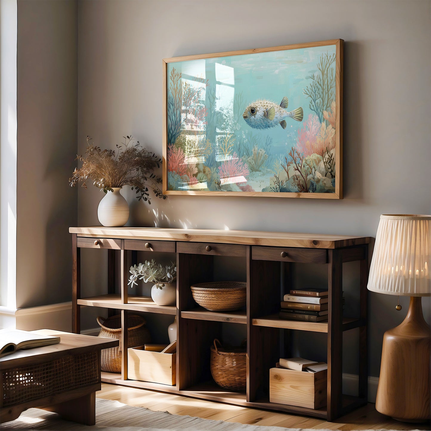 Pufferfish Drifts Through Coral Symphony