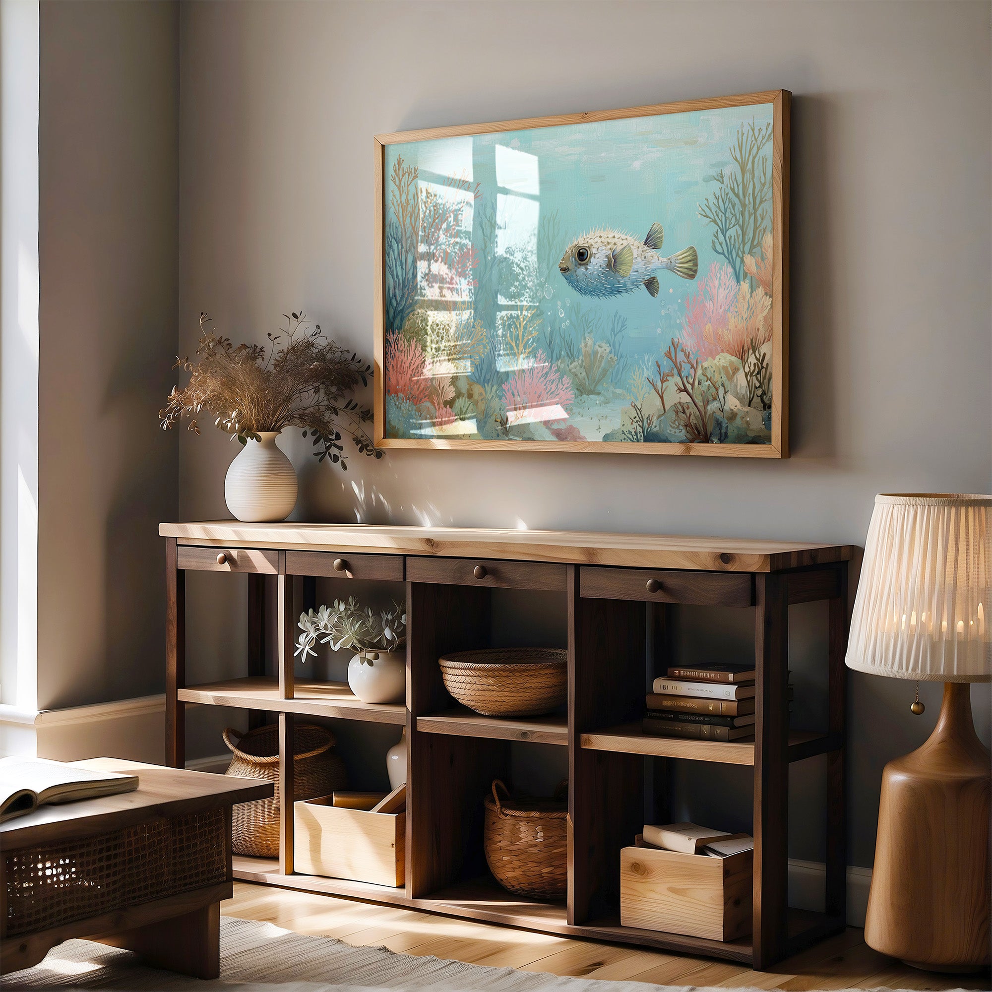 Pufferfish Drifts Through Coral Symphony