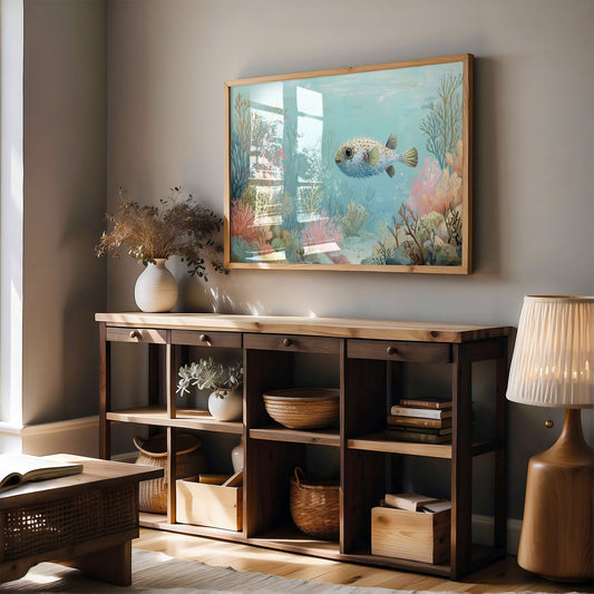 Pufferfish Drifts Through Coral Symphony