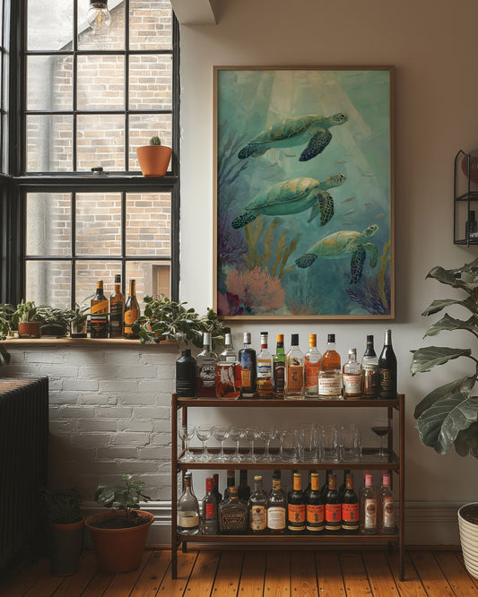 Sea Turtles Dance Through Aquamarine