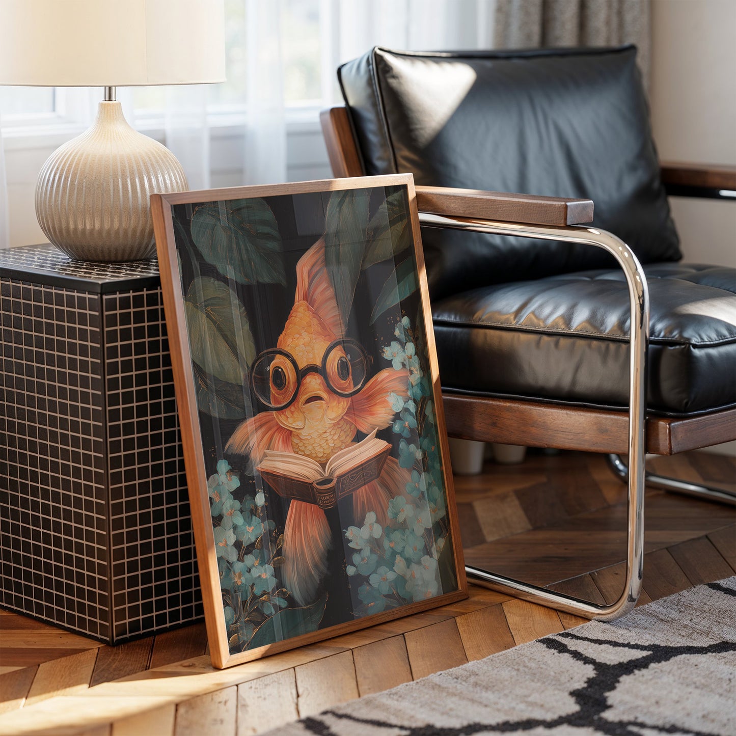 Scholarly Goldfish Navigates Aquatic Library