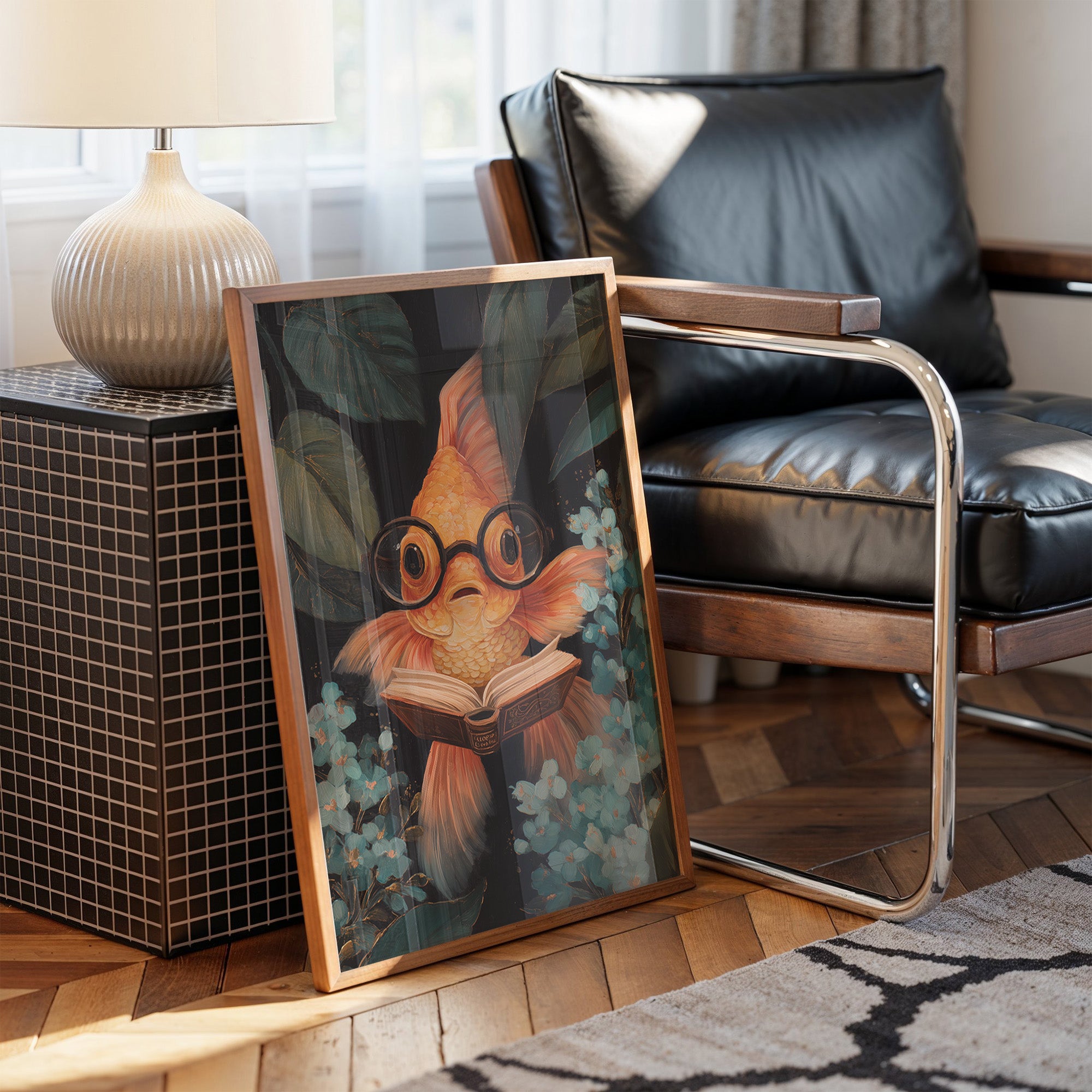 Scholarly Goldfish Navigates Aquatic Library