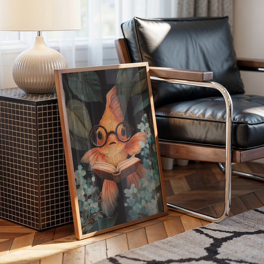 Scholarly Goldfish Navigates Aquatic Library