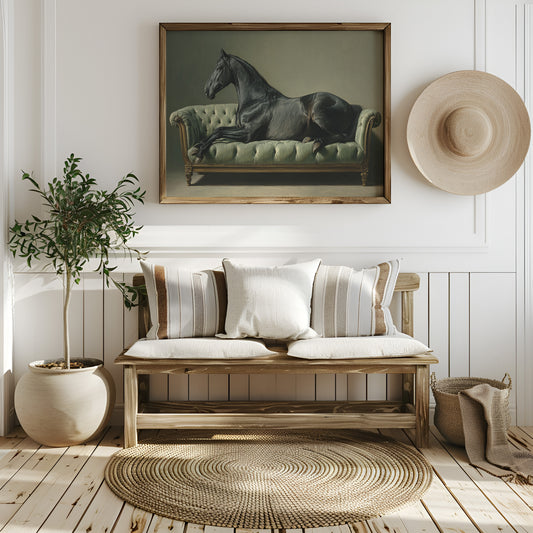 Aristocratic Repose: Ebony Stallion on a Mint Couch