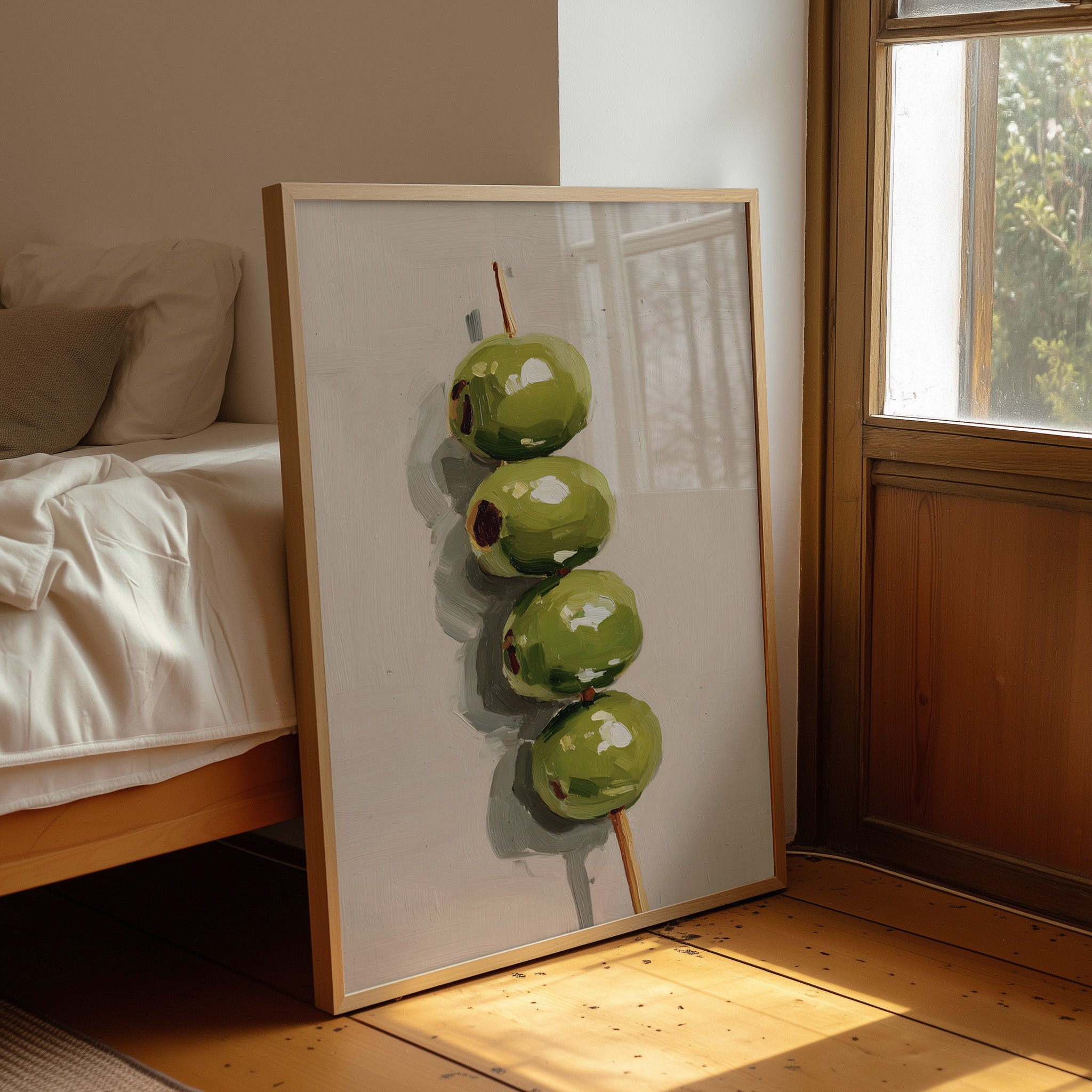 Verdant Olives on Wooden Skewer