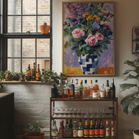 Vibrant Blooms in Checkered Blue