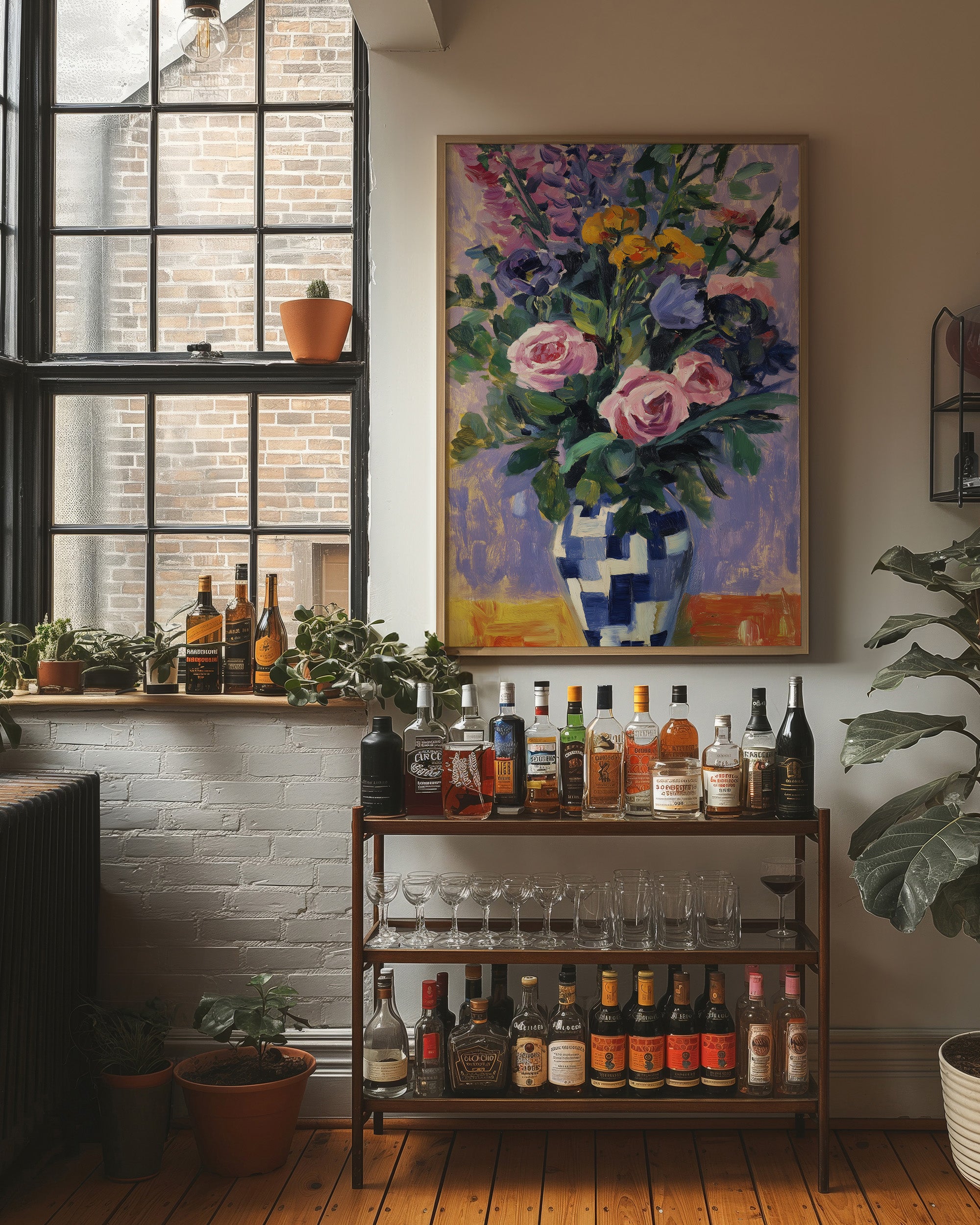 Vibrant Blooms in Checkered Blue