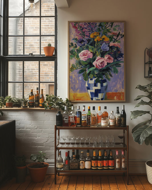 Vibrant Blooms in Checkered Blue