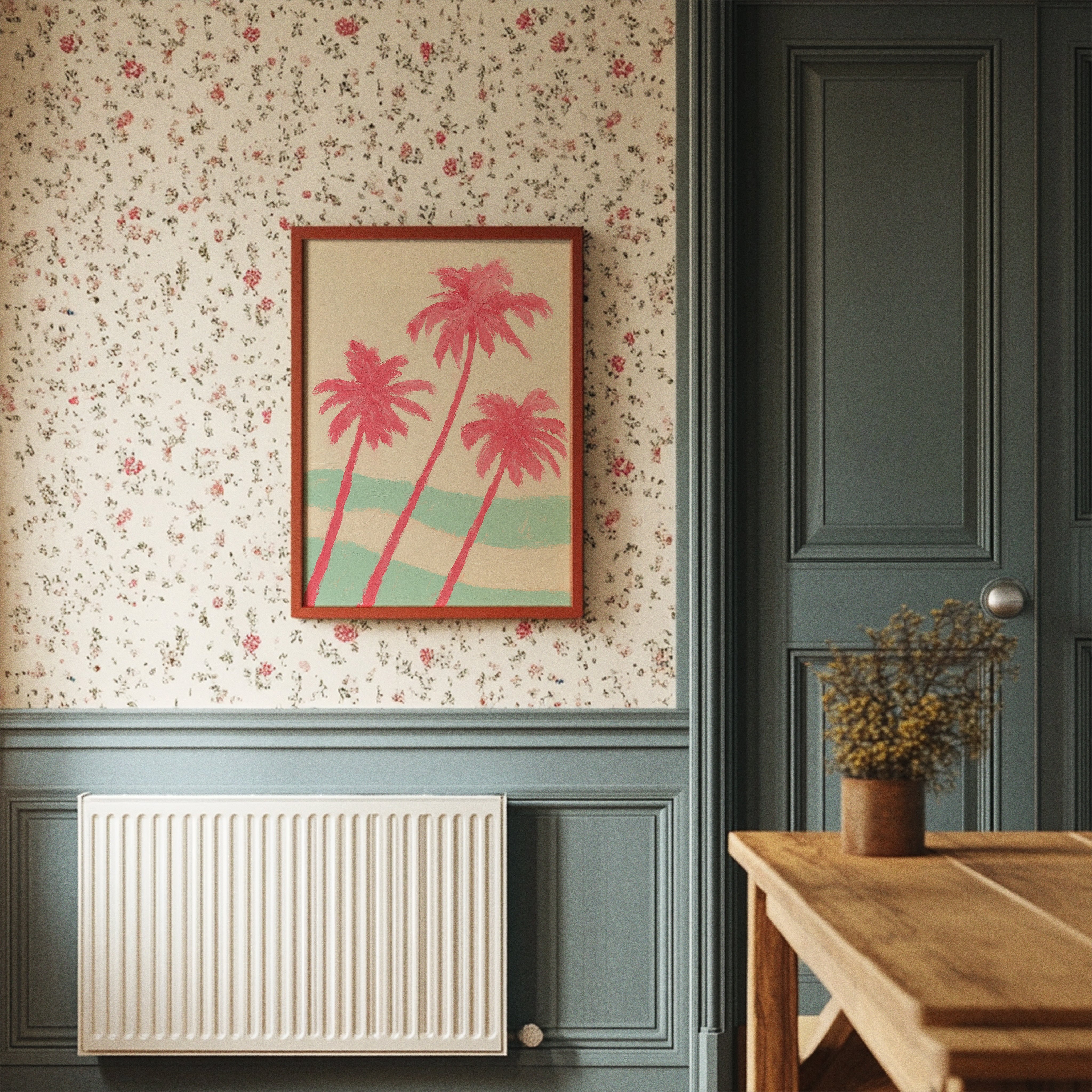 Pink Palms Over Mint Waves