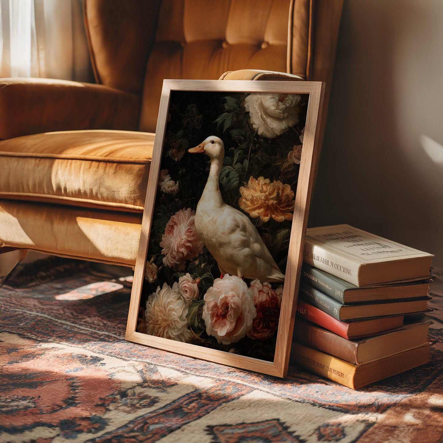 White Duck Among Blooming Peonies