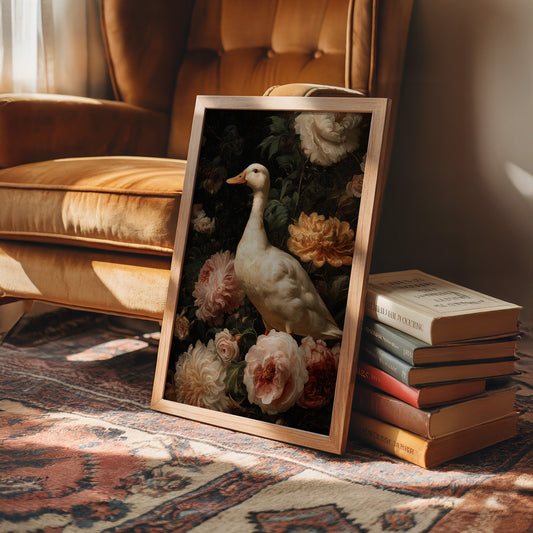 White Duck Among Blooming Peonies