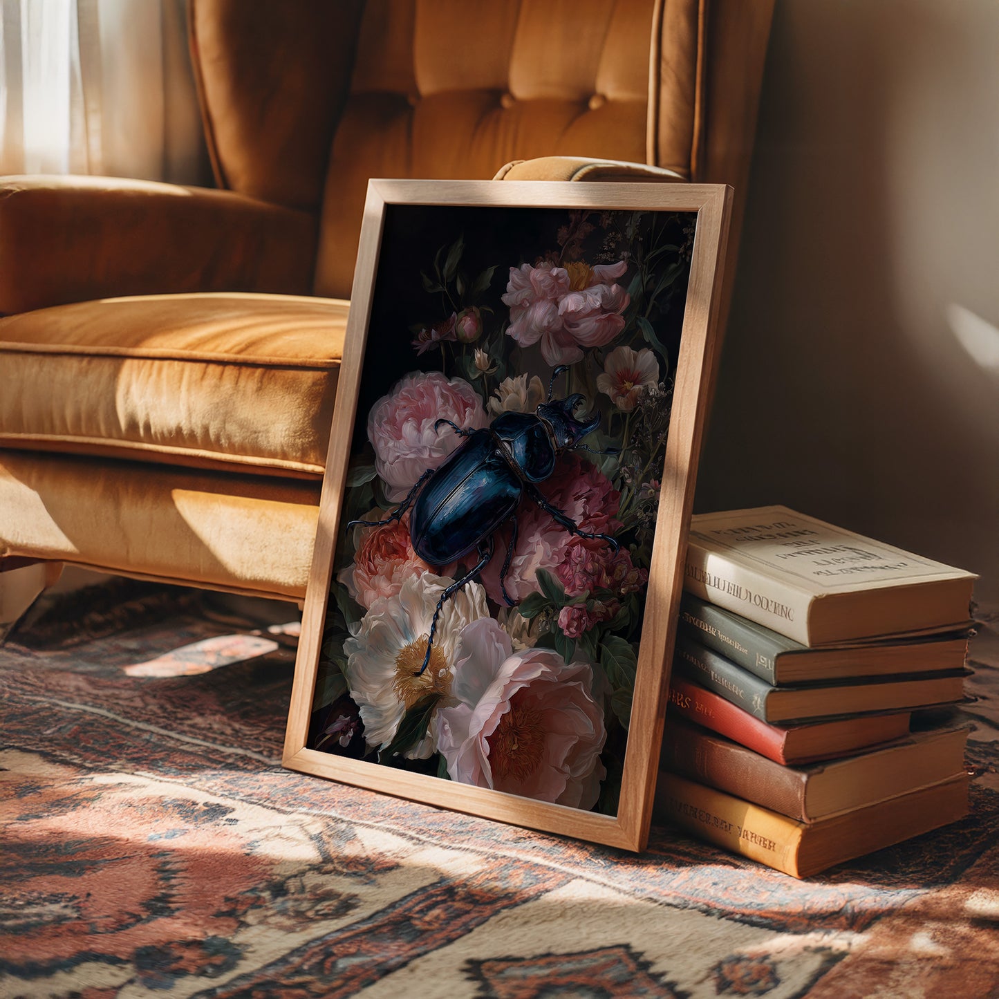 Sapphire Beetle Among Blushing Peonies