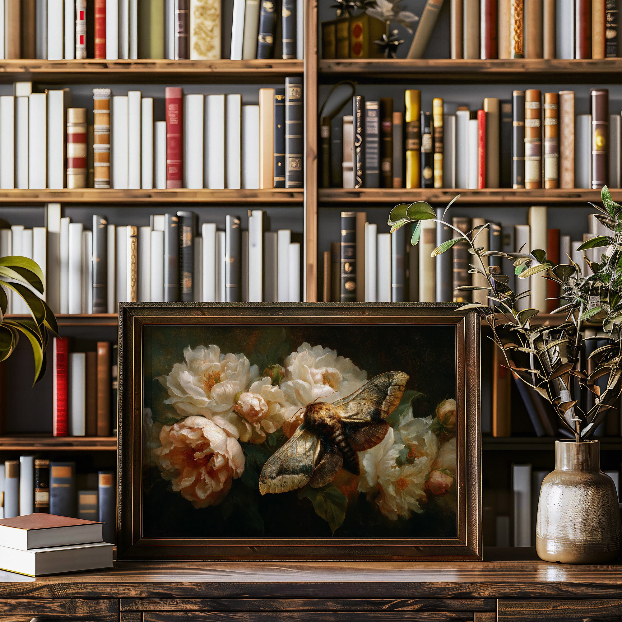 Moth Among Cream Peonies