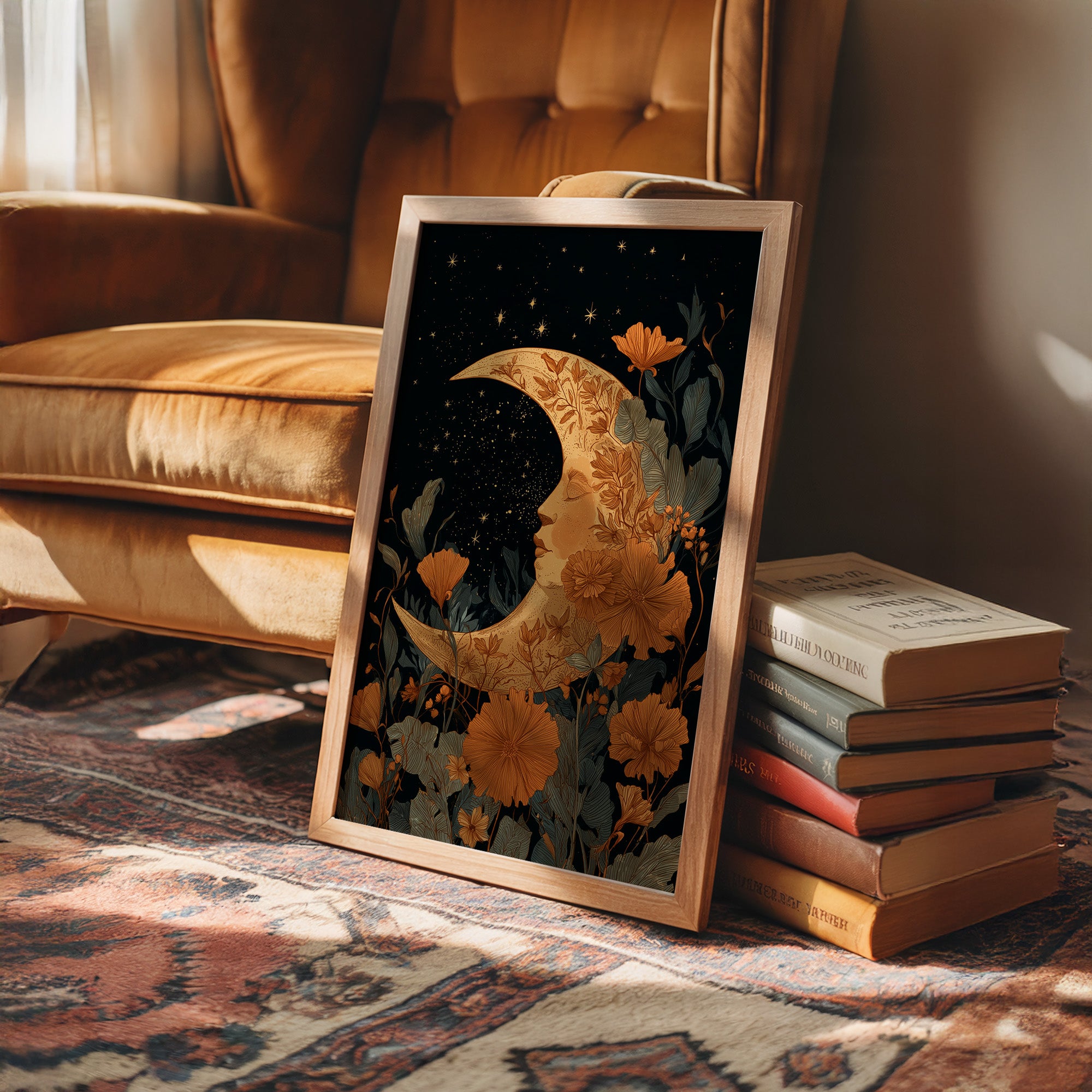 Copper Crescent Among Starlit Petals
