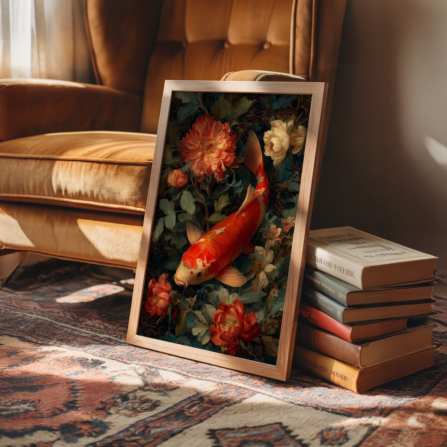 Scarlet Fins Among Coral Peonies