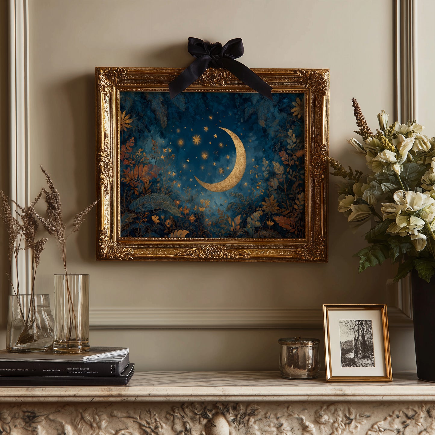 Golden Crescent Among Midnight Blooms