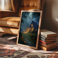 Autumn Cottage Under Midnight Fog