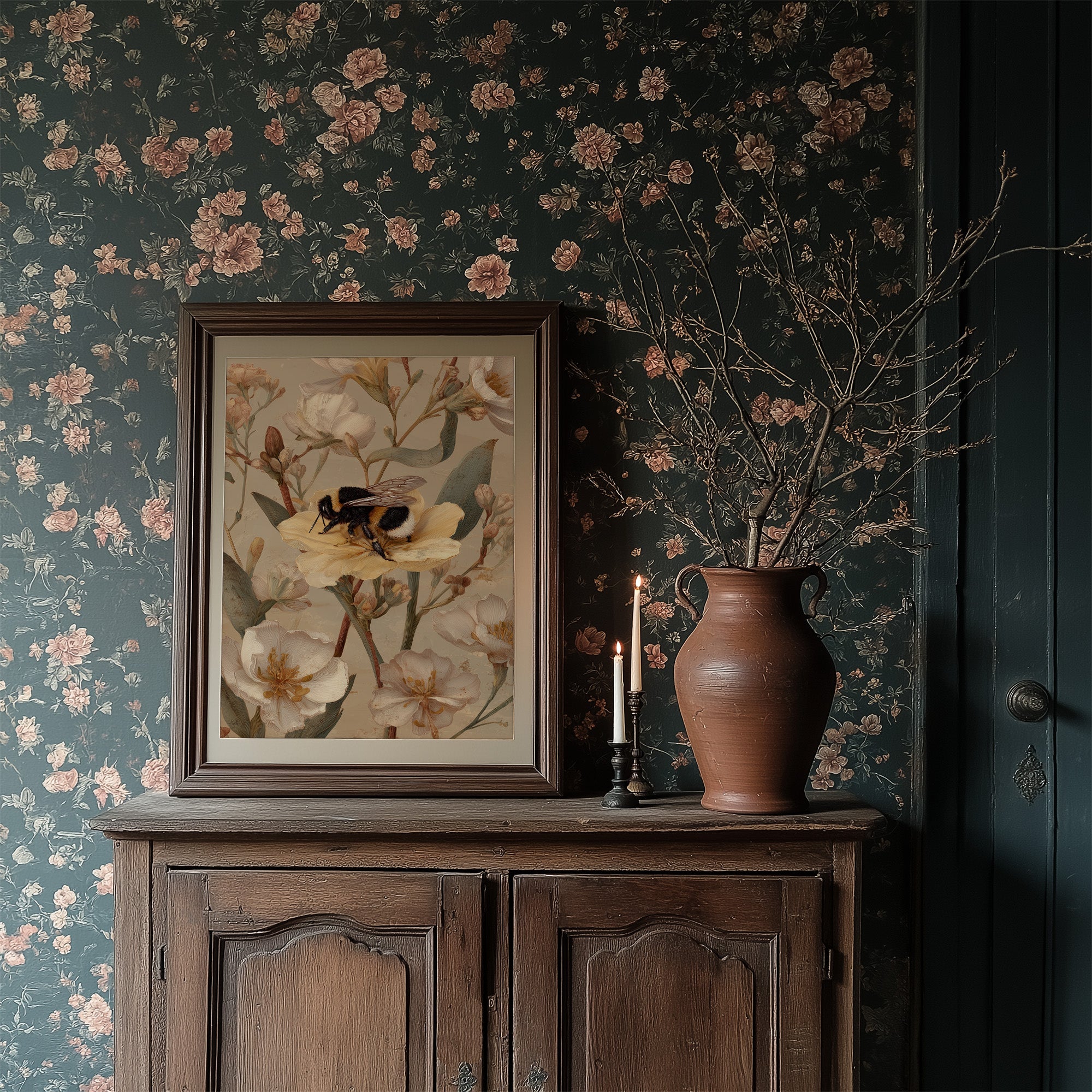 Bumblebee Rests On Pale Blooms