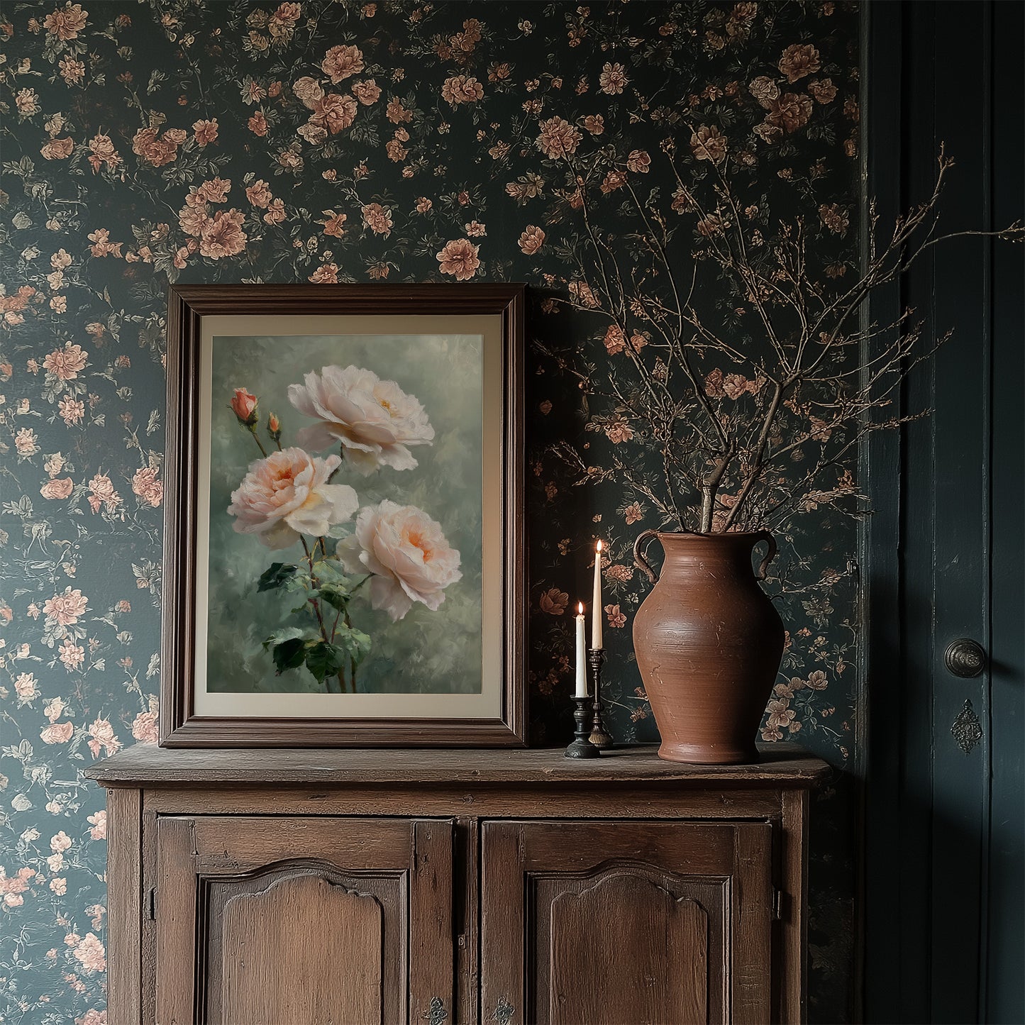 Blush Peonies Against Sage Memory