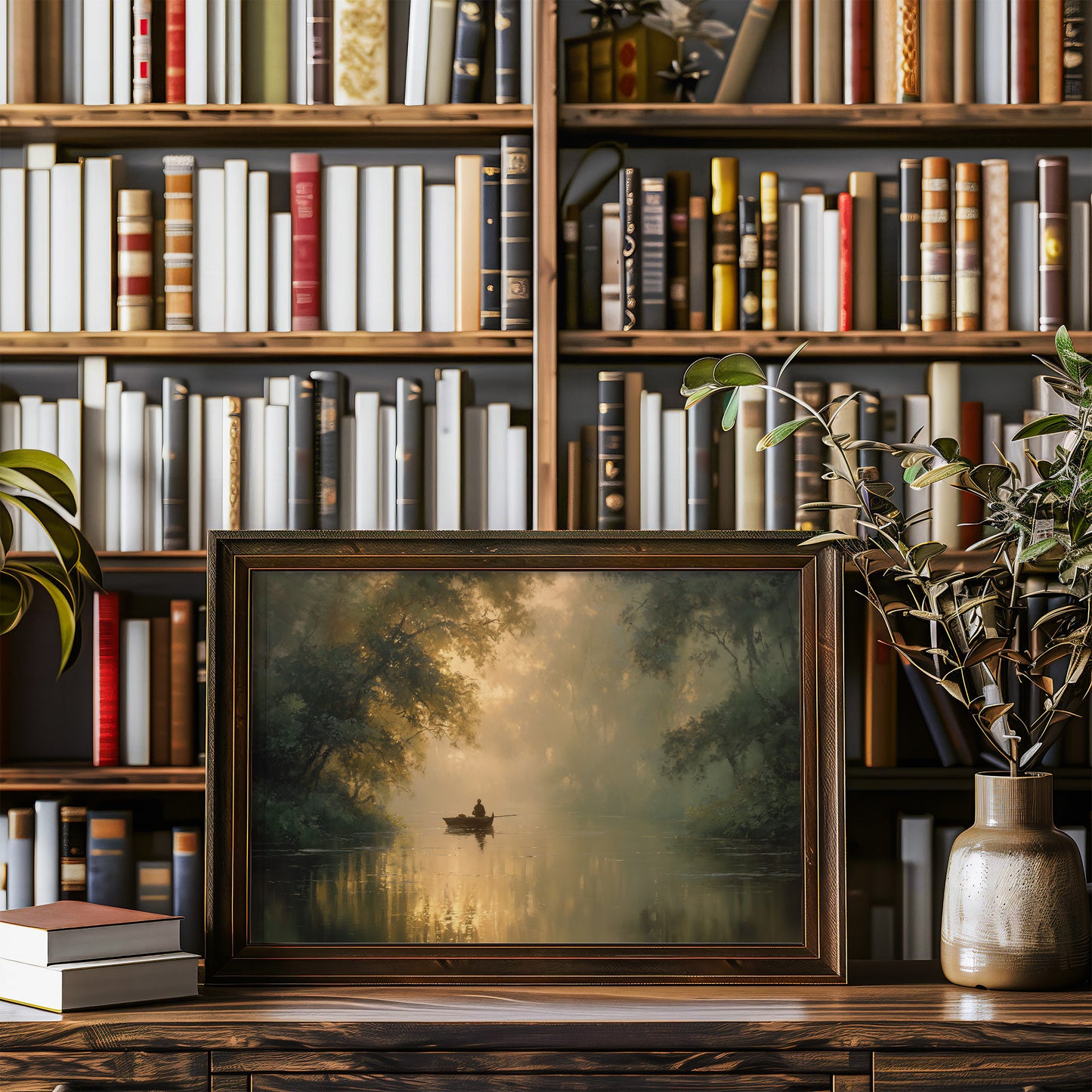 Solitary Boatman Crosses Golden Mist