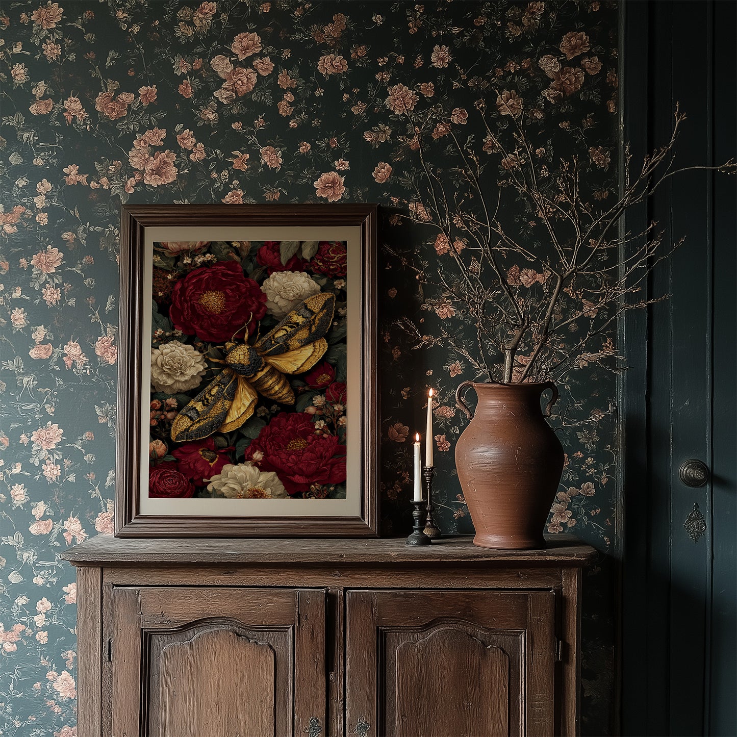 Golden Moth Among Crimson Blooms