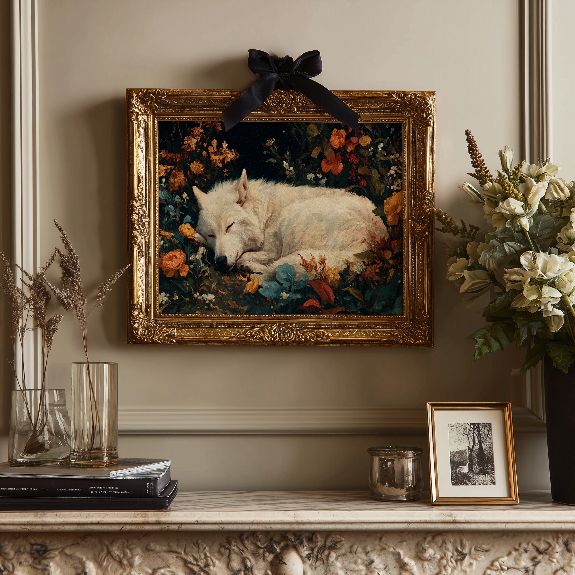 White Wolf Among Autumn Blooms