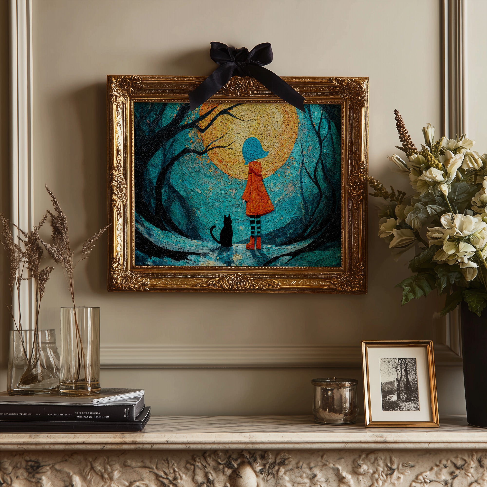 Child And Cat Beneath Glowing Moon