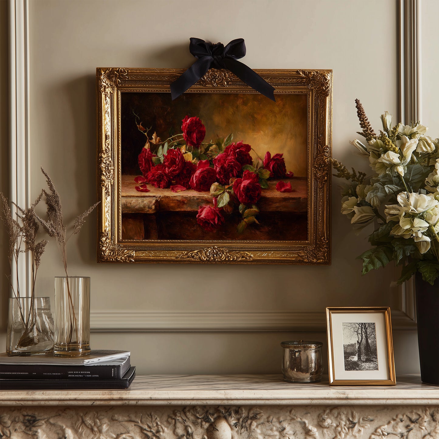 Crimson Blooms Among Literary Treasures