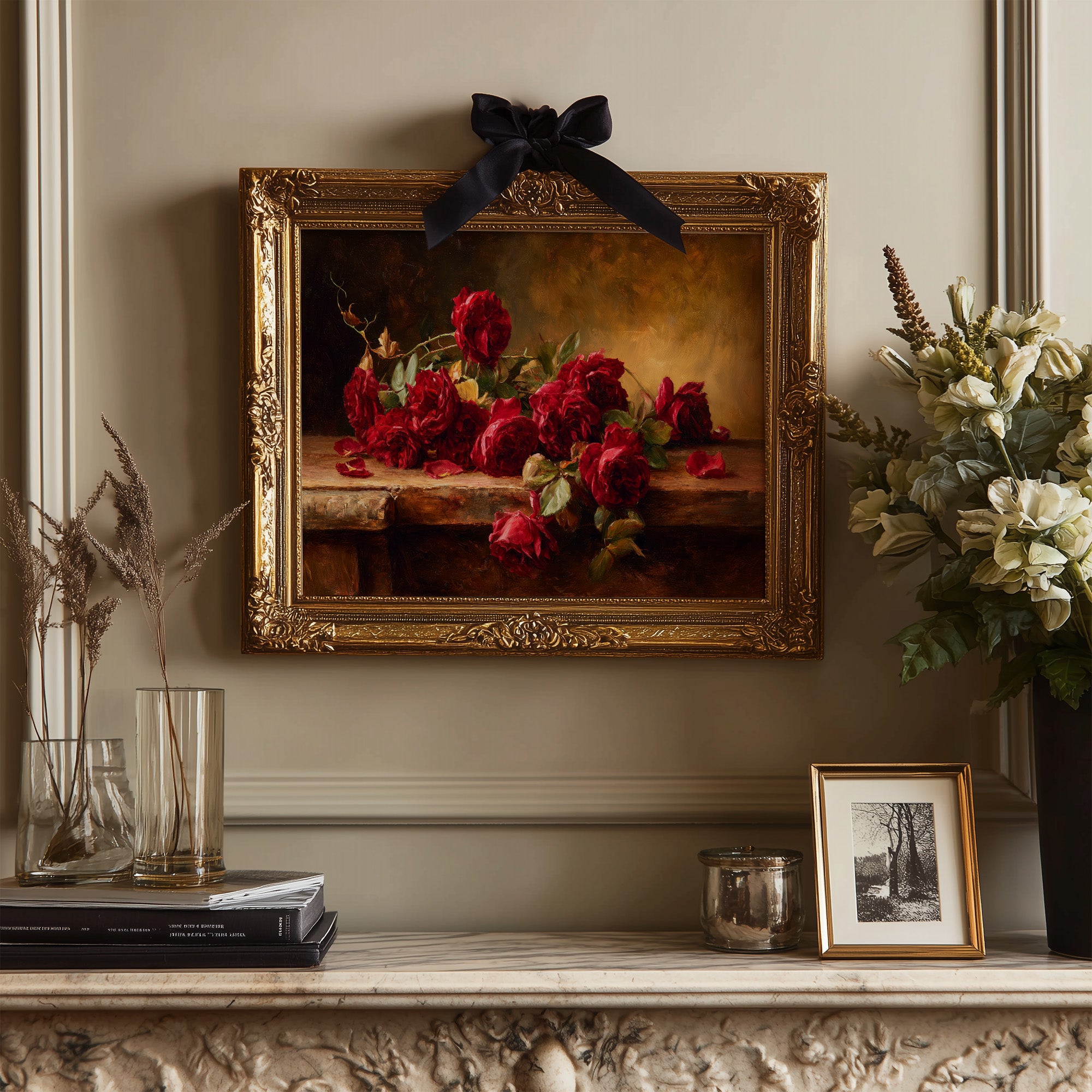 Crimson Blooms Among Literary Treasures