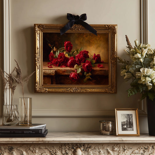 Crimson Blooms Among Literary Treasures