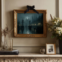 Harbor Lights Beyond Foggy Spires