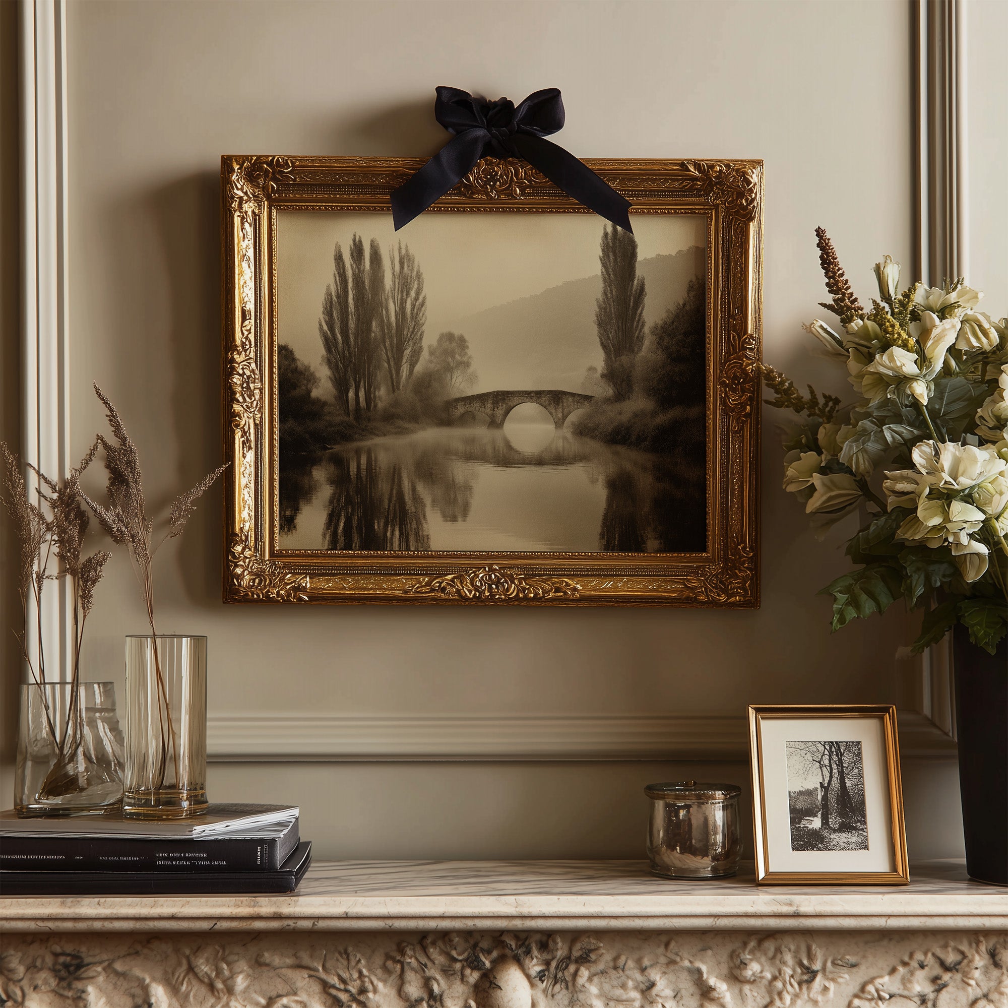 Foggy Bridge Among Tall Poplars