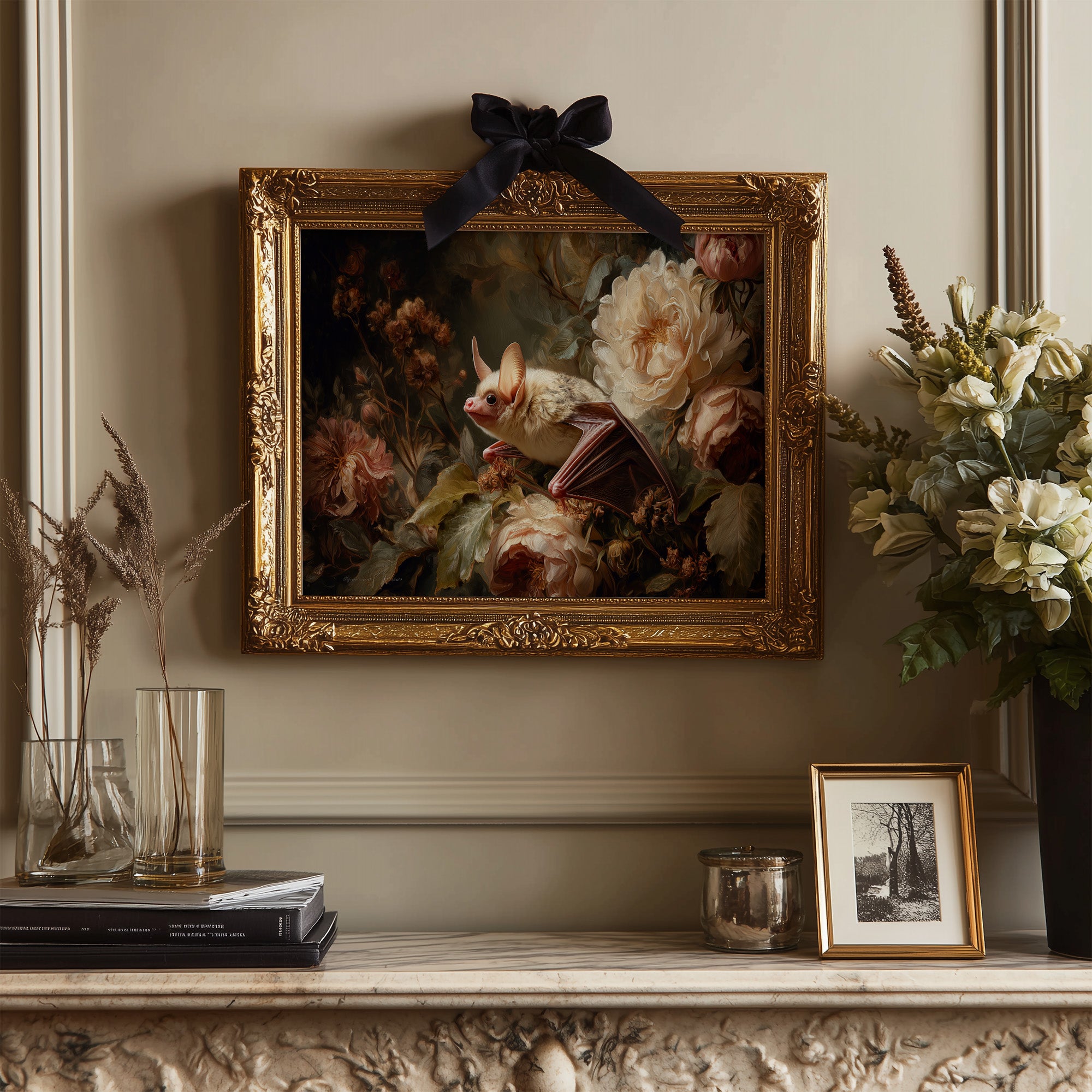 Pale Bat Among Vintage Blooms
