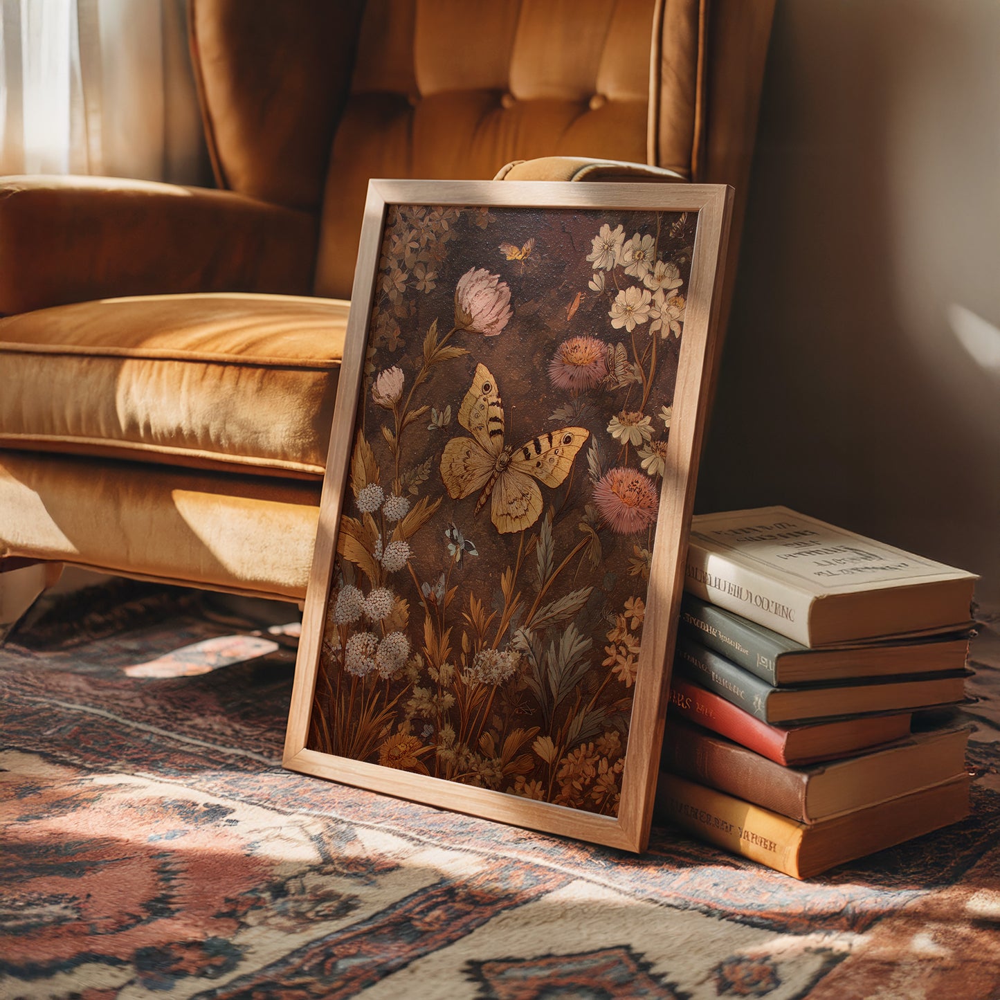 Golden Moths Among Vintage Blooms