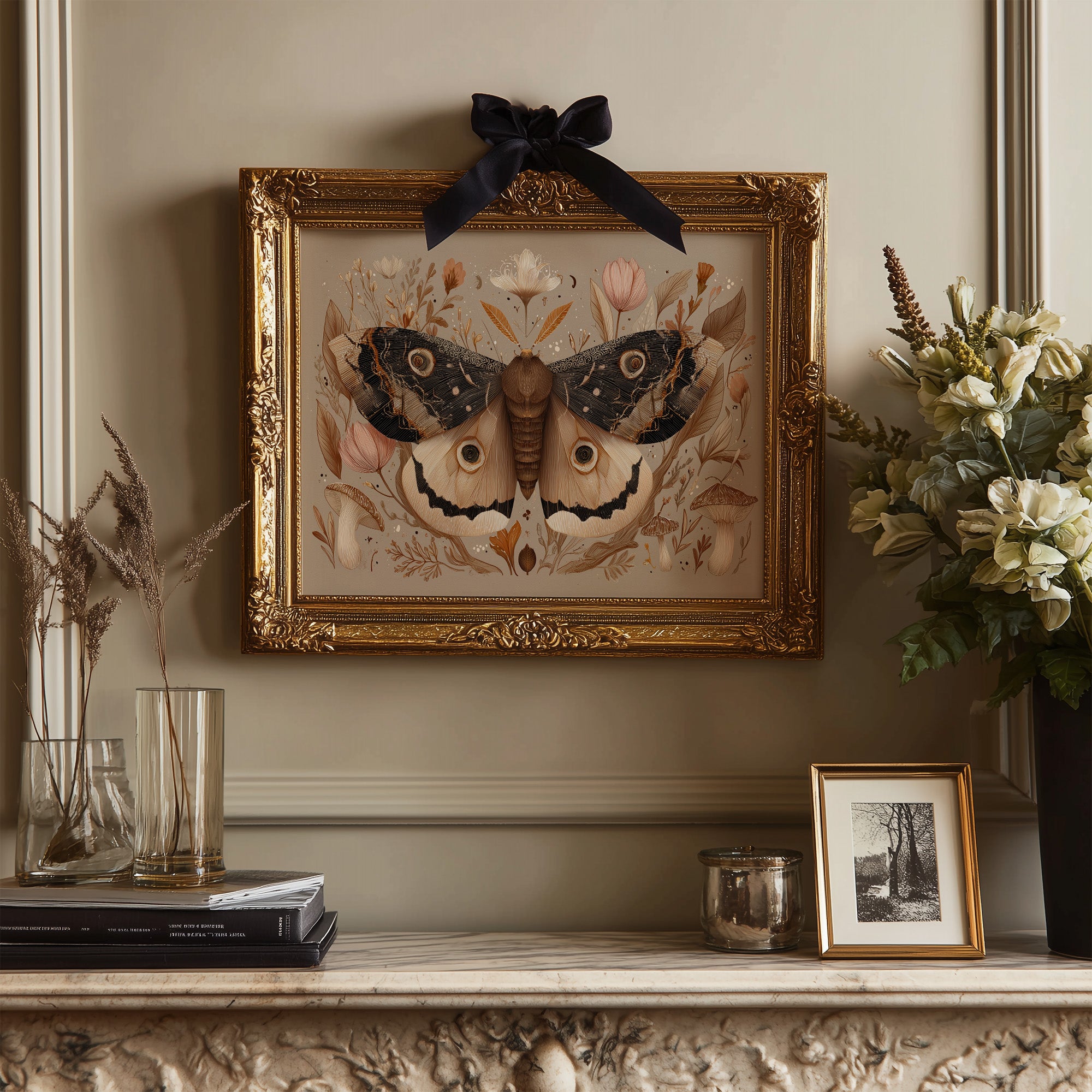 Botanical Moth Among Literary Treasures