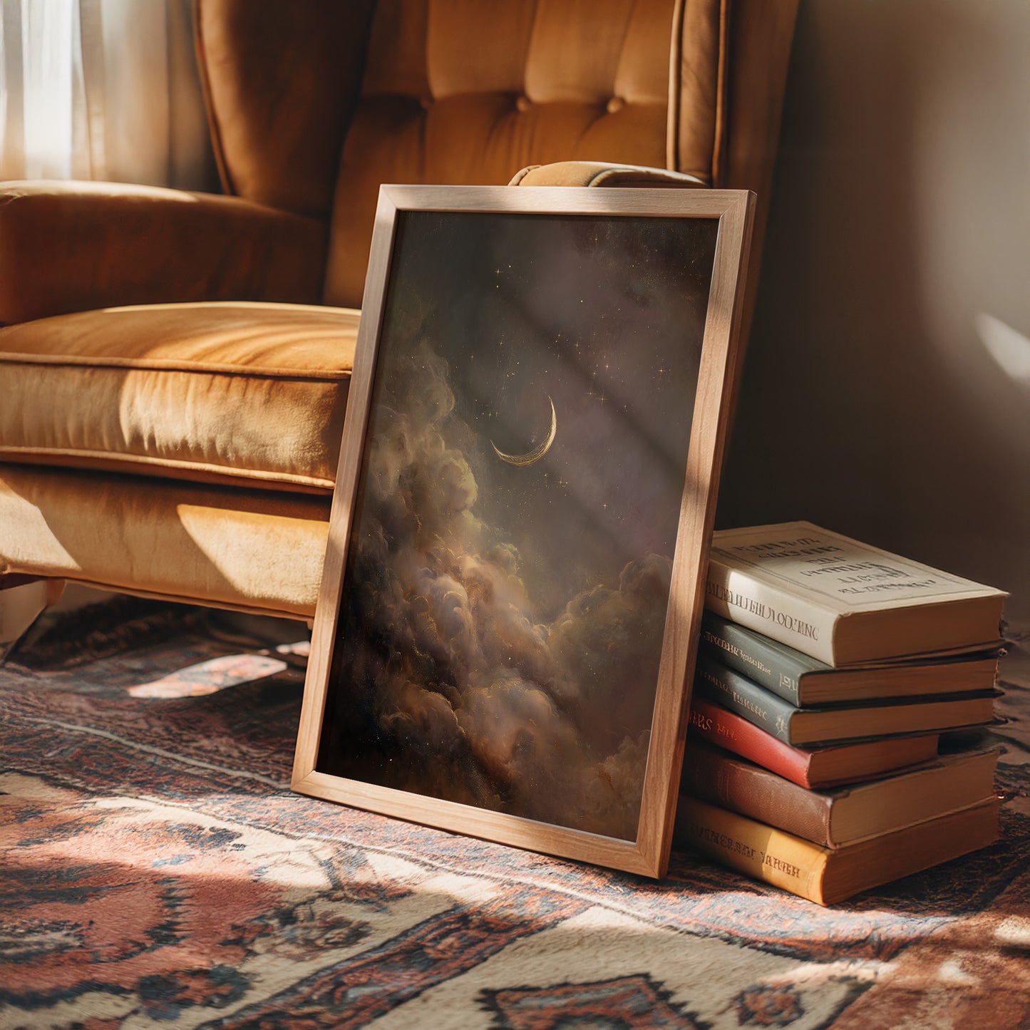 Crescent Floats Through Amber Clouds