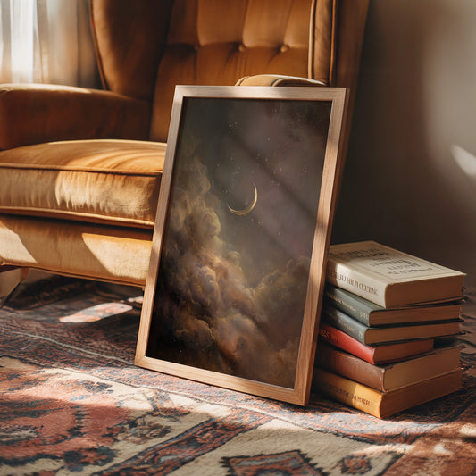 Crescent Floats Through Amber Clouds