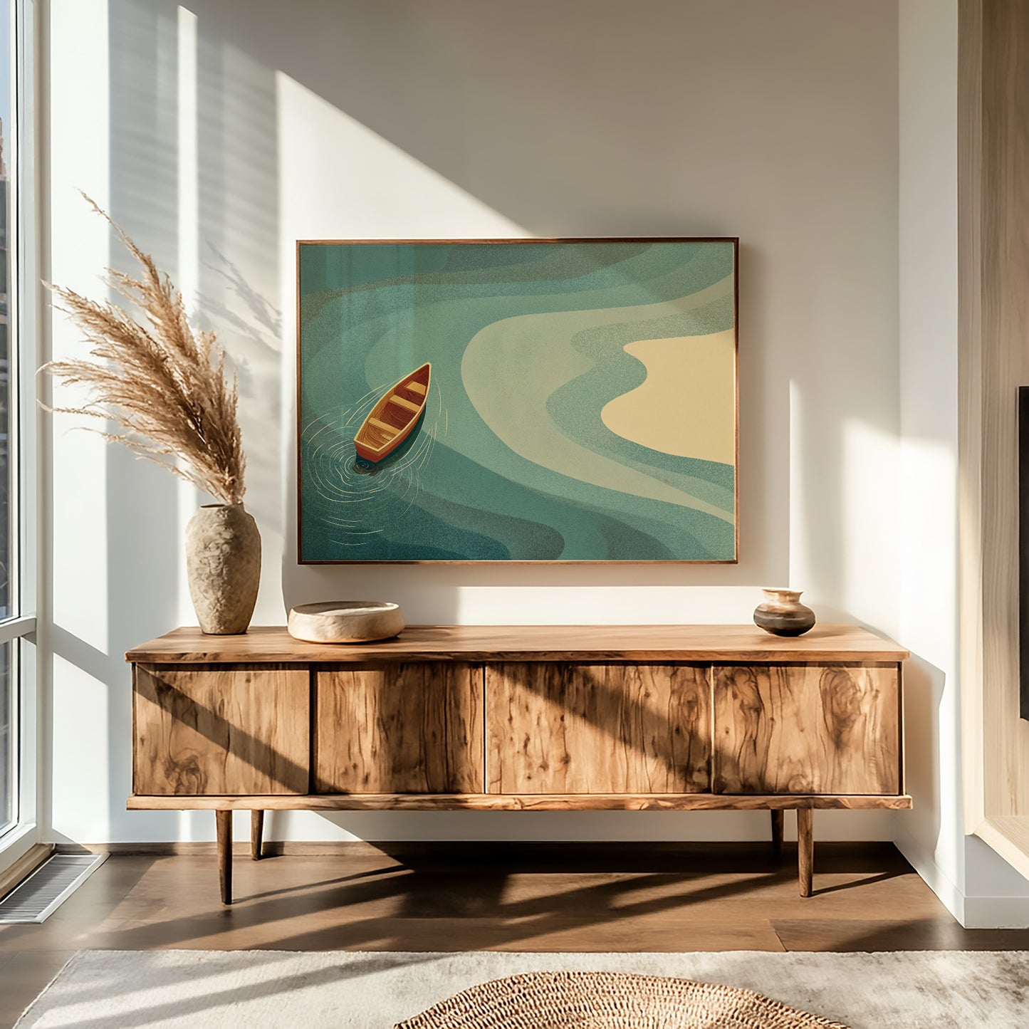 Solitary Vessel Approaches Golden Shore