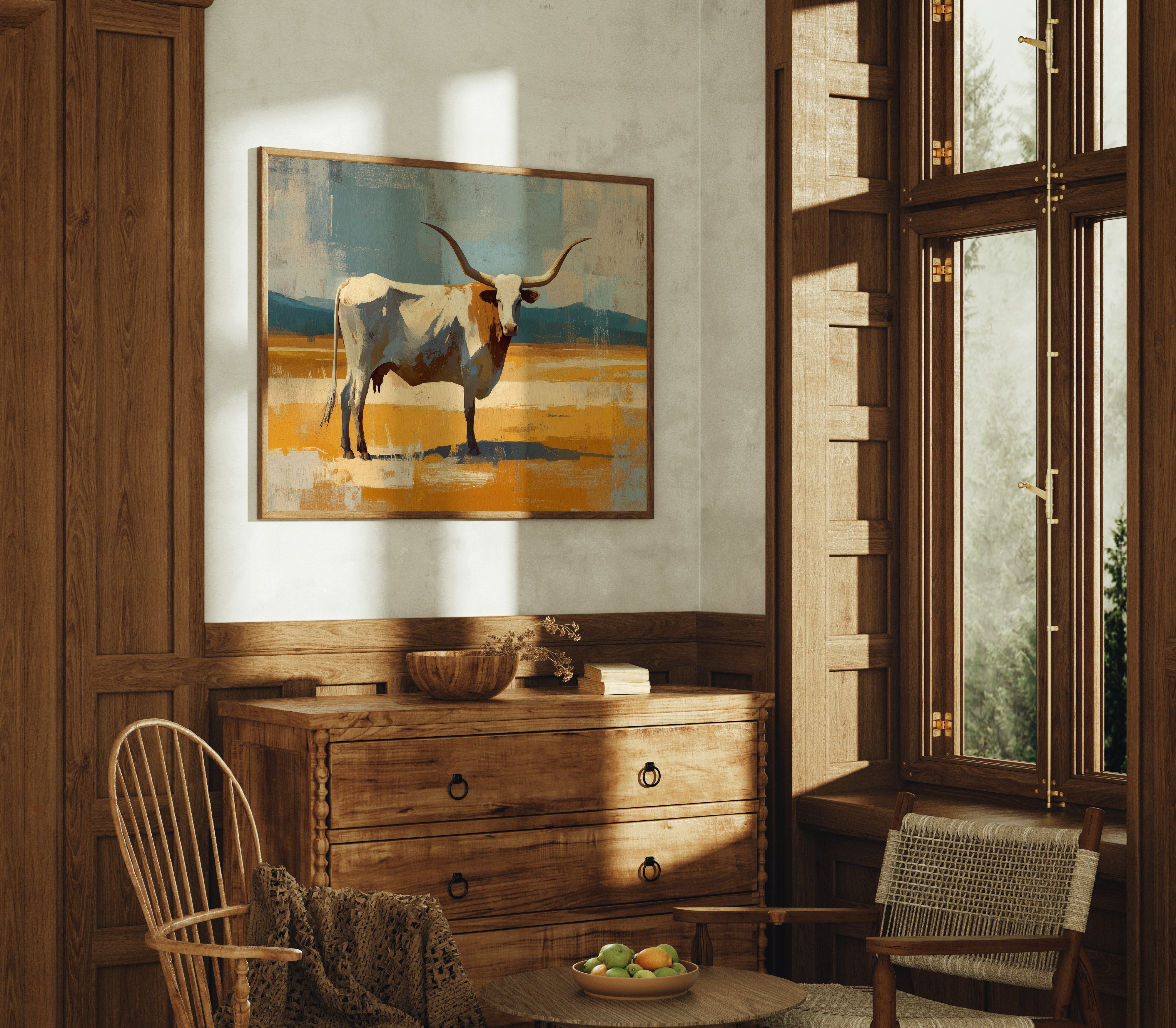 Longhorn Stands In Golden Fields