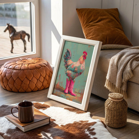 Rooster Struts In Pink Boots