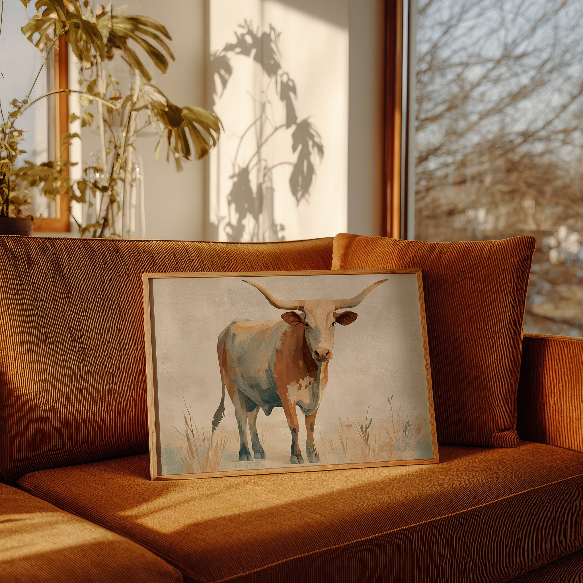 Longhorn's Stoic Gaze Across Prairie Whispers