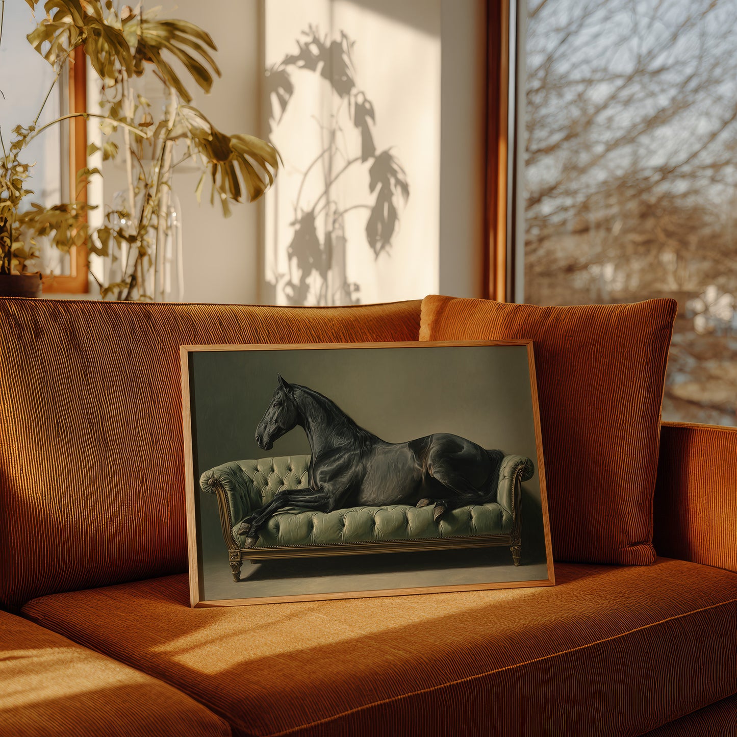Aristocratic Repose: Ebony Stallion on a Mint Couch