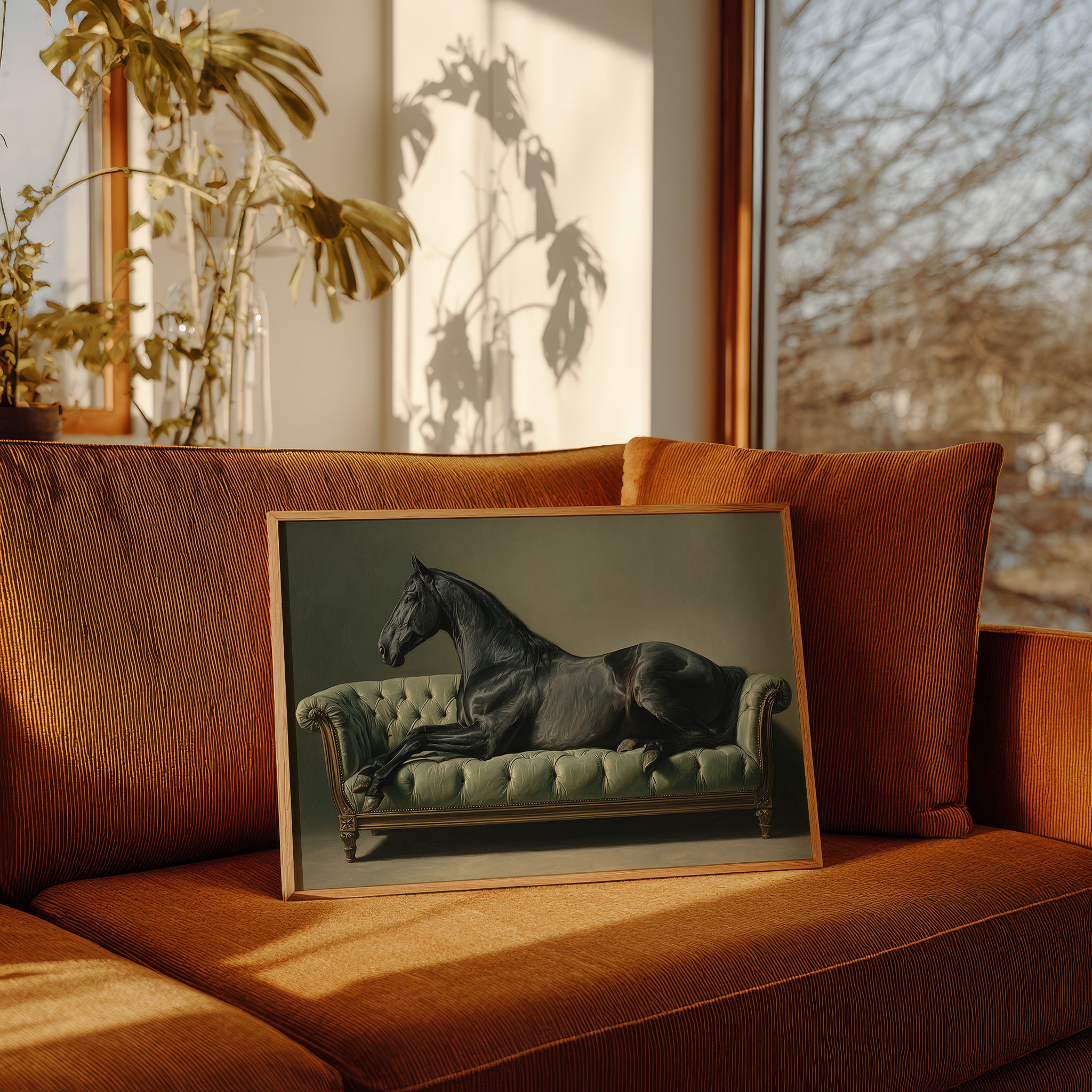 Aristocratic Repose: Ebony Stallion on a Mint Couch