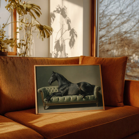Aristocratic Repose: Ebony Stallion on a Mint Couch