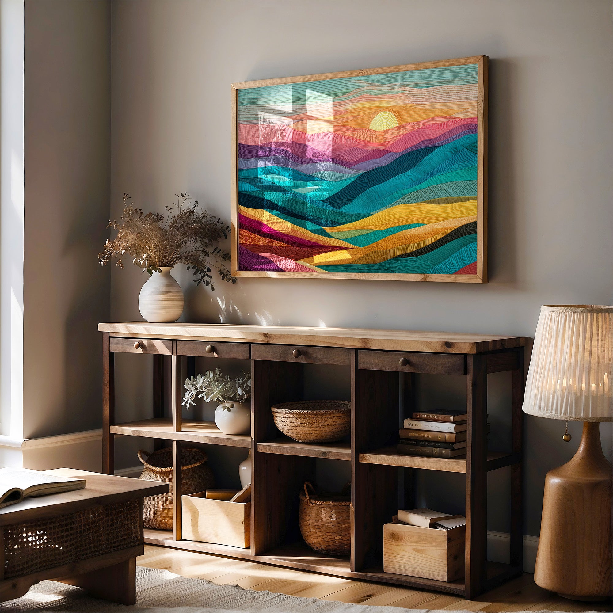 Textile Horizons: Sunset Through Stitched Valleys